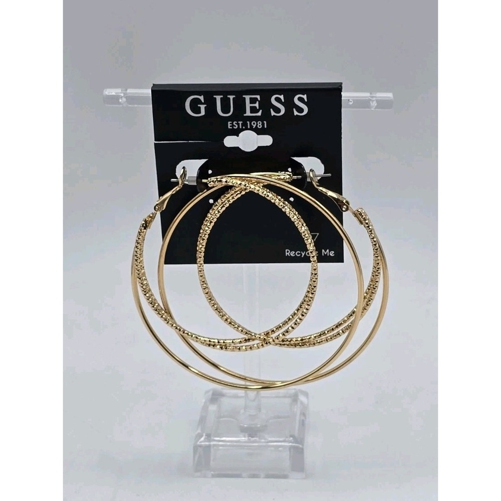 Guess Gold Tone Large Hoop Earrings With Textured Accent NWT MSRP $25